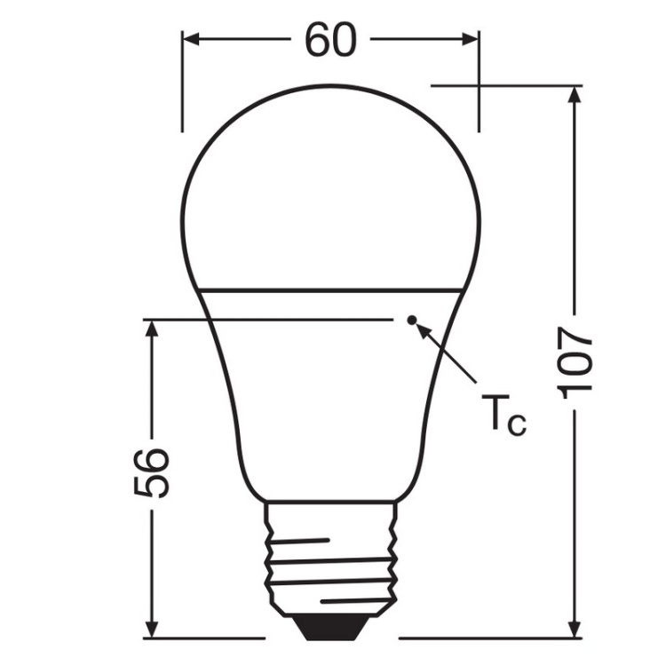 Wymiary żarówki LEDVANCE Classic A – wysokość 107 mm, średnica 60 mm