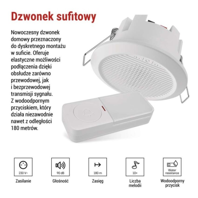 Dzwonek wbudowany z zasięgiem 180m i baterią CR2032