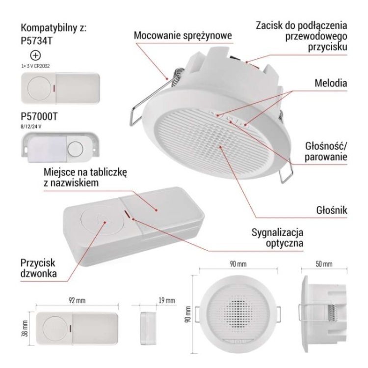 Biały dzwonek P57103 do montażu w ścianie