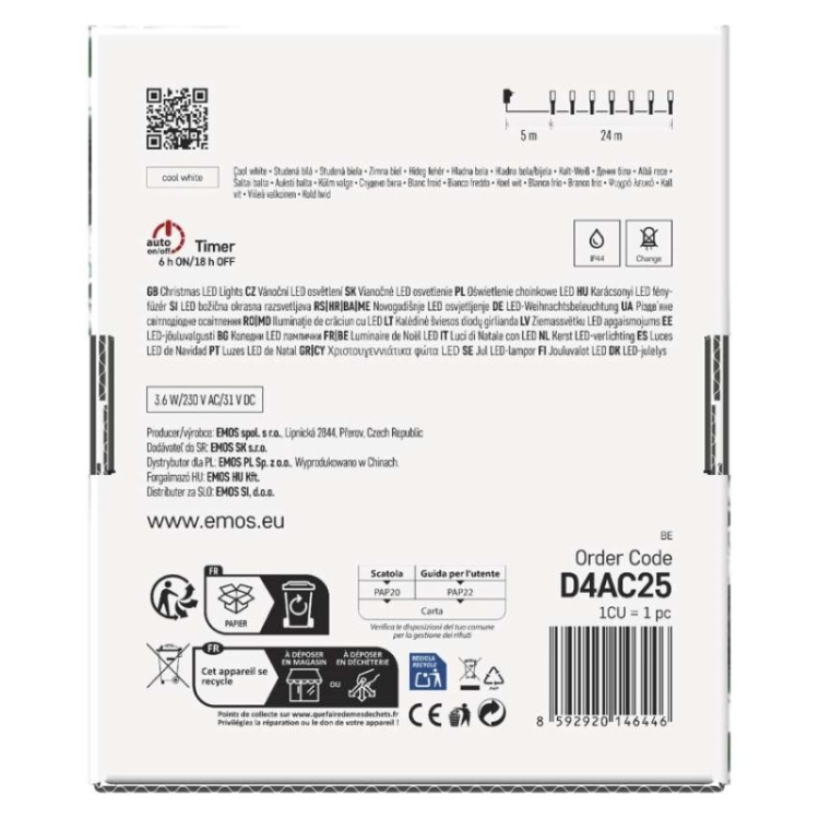 Lampki choinkowe Classic 240 LED 24m zimna biel, zielony przewód, IP44, 8 programów, timer
