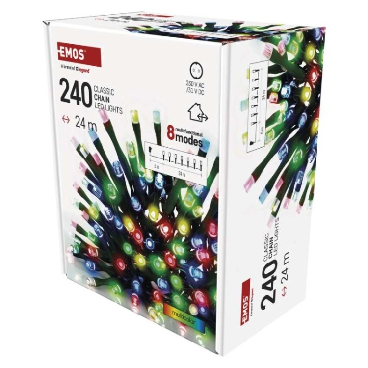 Lampki choinkowe Classic 240 LED 24m multikolor, ziel. przew., IP44, 8 programów, timer