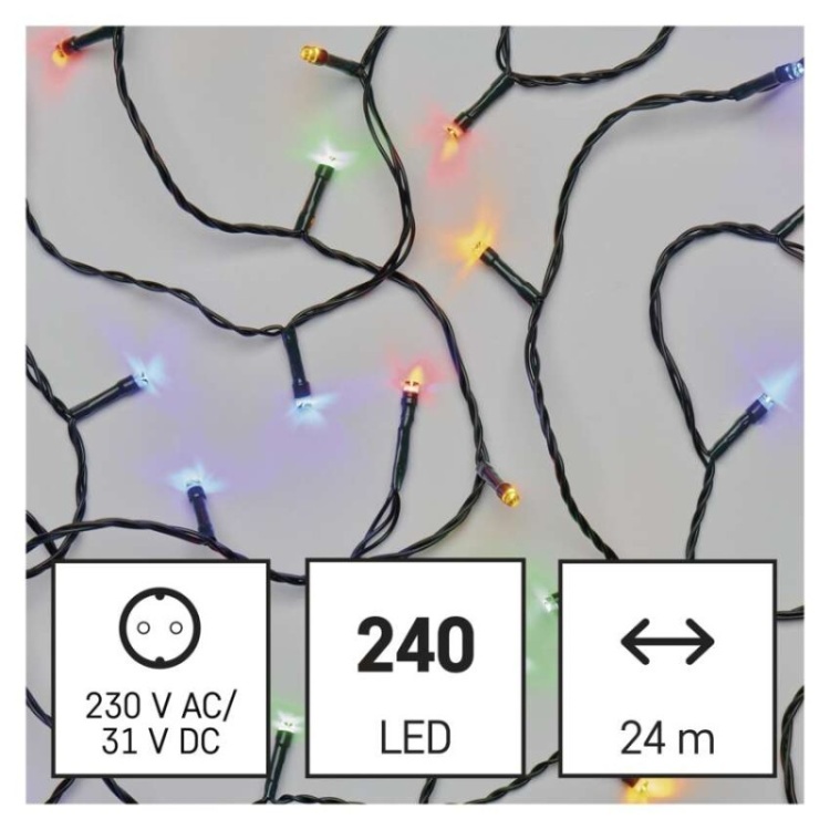 Lampki choinkowe Classic 240 LED 24m multikolor, ziel. przew., IP44, 8 programów, timer