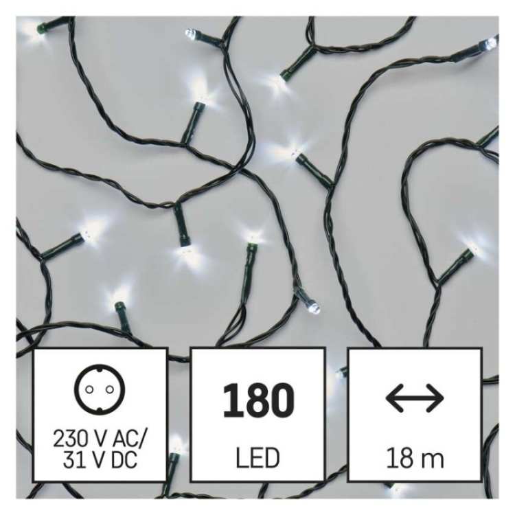 Lampki choinkowe Classic 180 LED 18m zimna biel, zielony przewód, IP44, 8 programów, timer