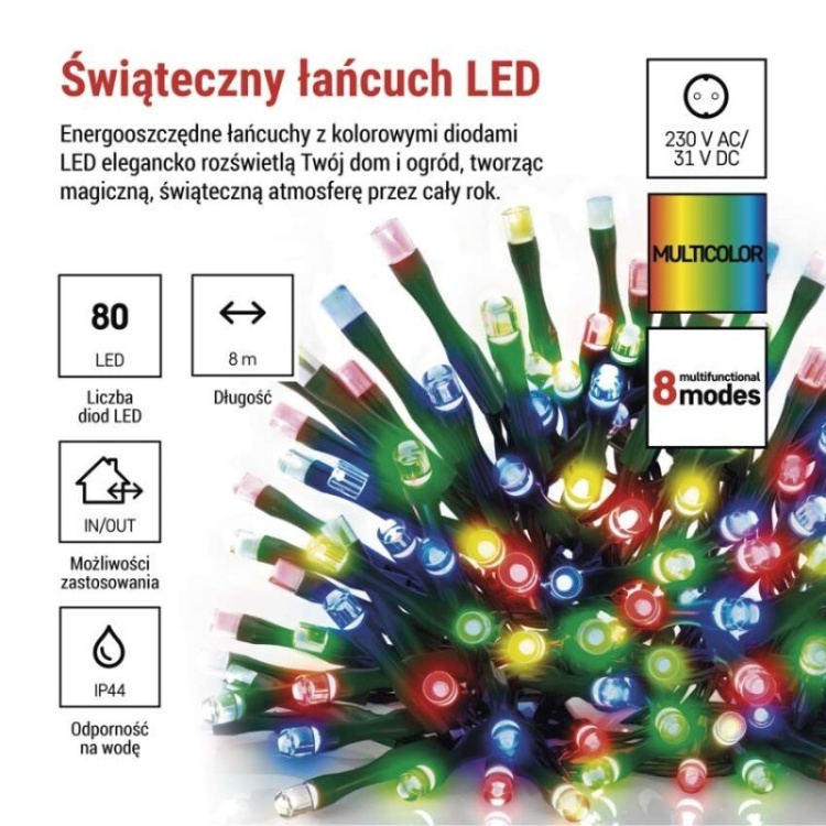 Lampki choinkowe Classic 80 LED 8m multikolor, zielony przewód, IP44, 8 programów, timer