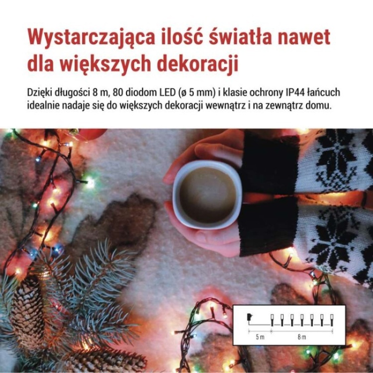 Lampki choinkowe Classic 80 LED 8m multikolor, zielony przewód, IP44, 8 programów, timer