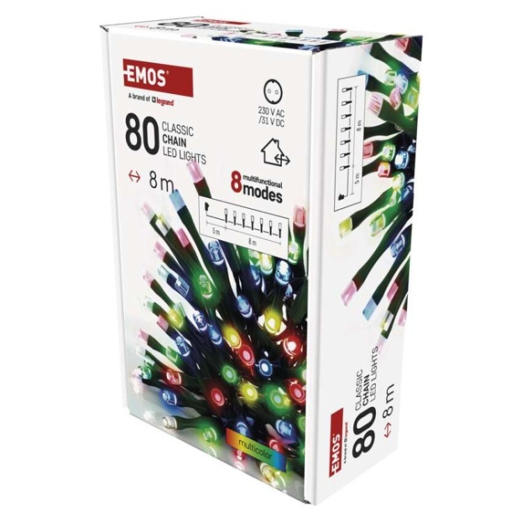 Lampki choinkowe Classic 80 LED 8m multikolor, zielony przewód, IP44, 8 programów, timer
