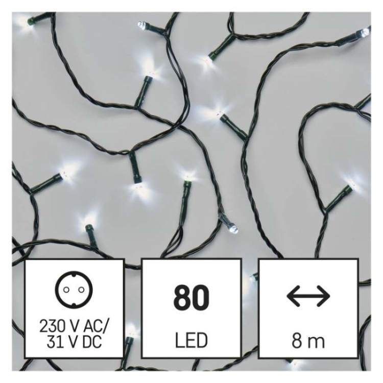 Lampki choinkowe Classic 80 LED 8m zimna biel, zielony przewód, IP44, 8 programów, timer
