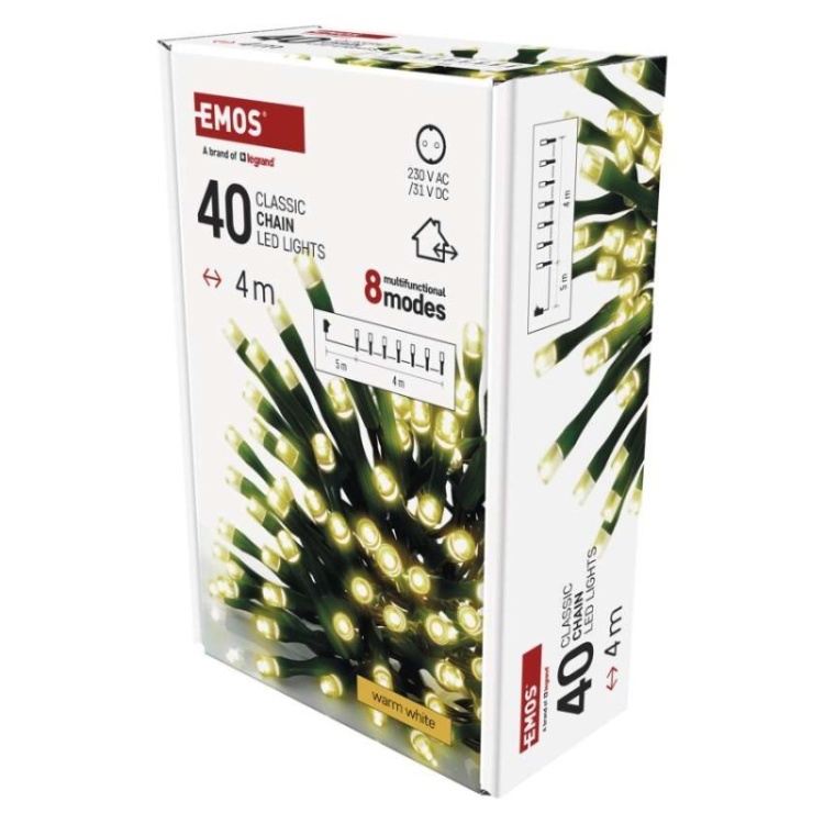 Lampki choinkowe Classic 40 LED 4m ciepła biel, zielony przewód, IP44, 8 programów, timer