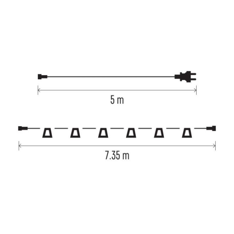 Łańcuch party na żarówkę 10x E27 7,35 m + wtyczka 5m, IP44 wymiary