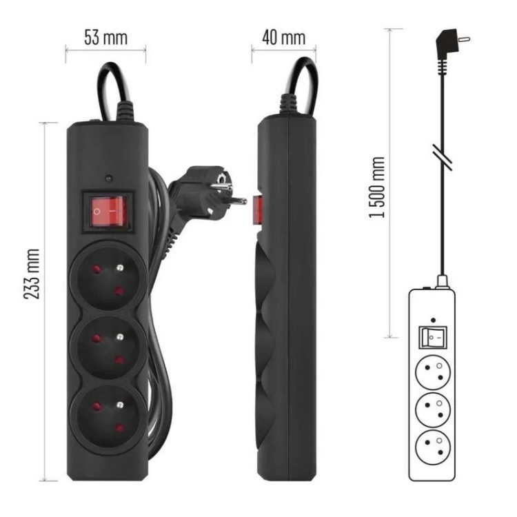 Kompaktowa czarna listwa przeciwprzepięciowa EMOS