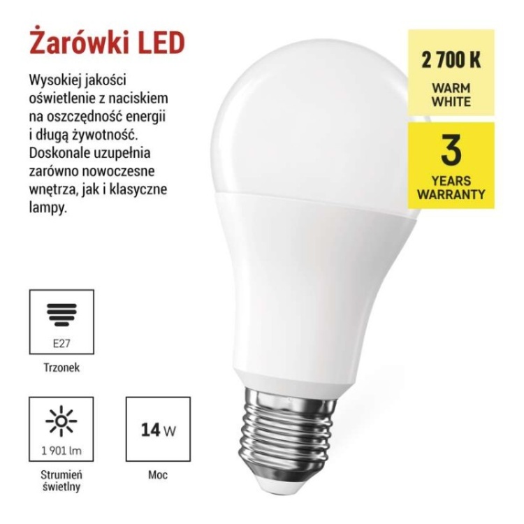Żarówka LED Classic A60 / E27 / 14 W (120 W) / 1901 lm / Ciepła biel
