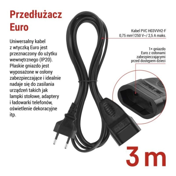 Przedłużacz IP20 do wnętrz 3m