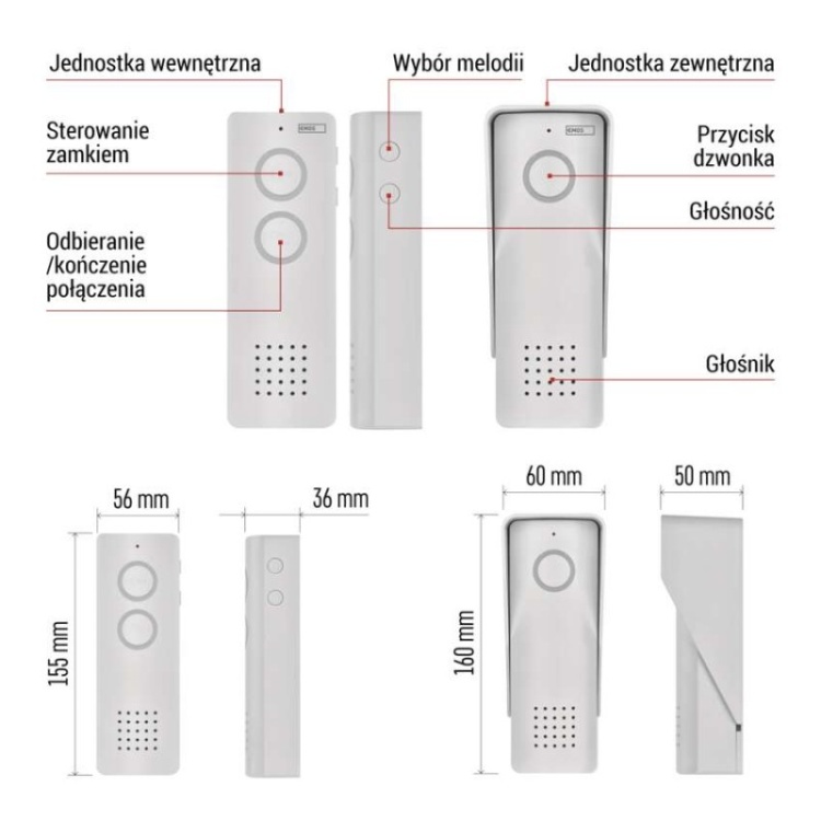 Wymiary bezprzewodowego zestawu domofonu audio H1087
