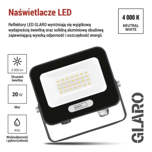 Naświetlacz LED GLARO 20W, czarny, IP65, 2000 lm, neutralna biel