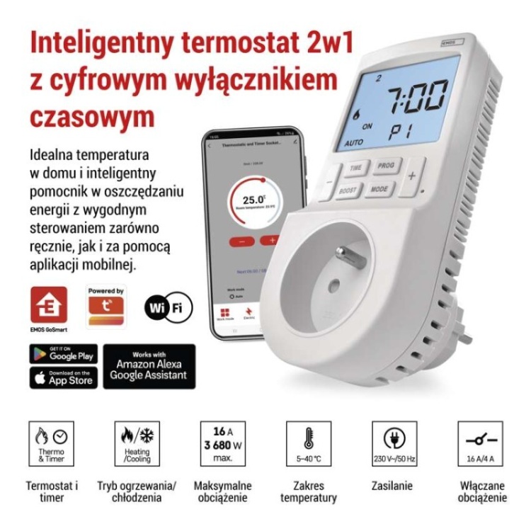 GoSmart Termostat gniazdkowy z funkcją timera cyfrowego 2w1 z WiFi