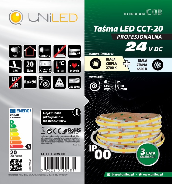 Taśma LED COB biała CCT 2700-6500K UNILED