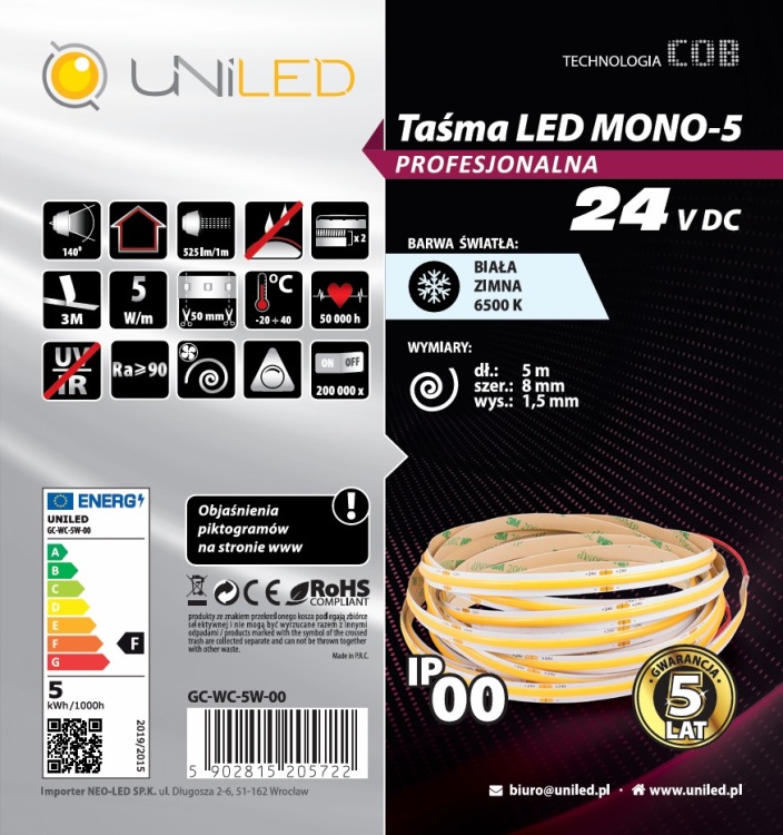 Taśma LED COB 24V 5W/m UNILED
