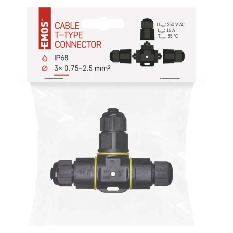 Złącze hermetyczne T do przewodów 3x2,5mm2 250V 16A IP68