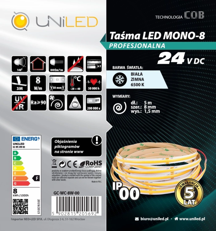 Taśma LED COB 24V 8W/m UNILED