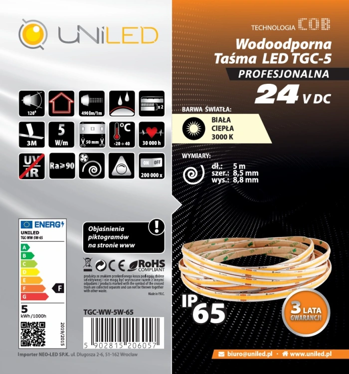 Taśma LED COB 24V 5W/m UNILED IP65