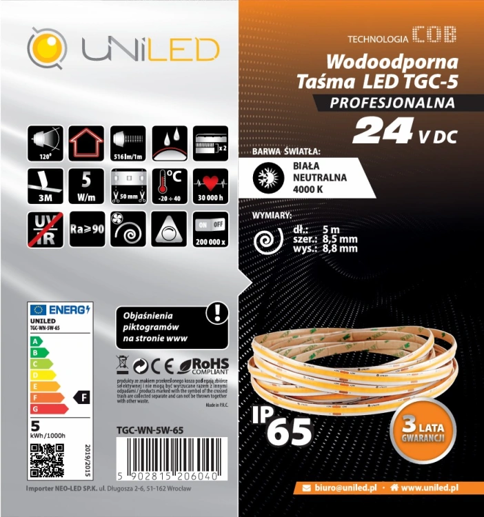 Taśma LED COB 24V 5W/m UNILED IP65