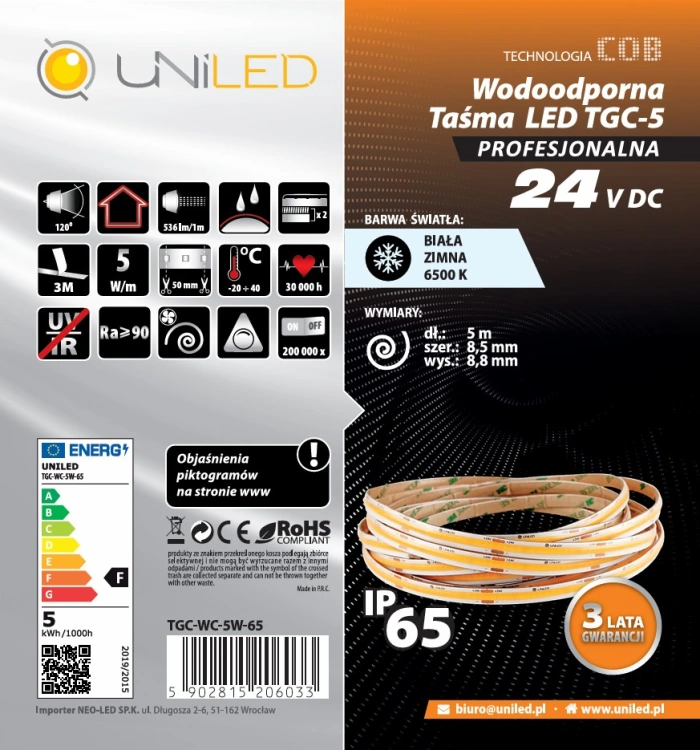 Taśma LED COB 24V 5W/m UNILED IP65 biała zimna
