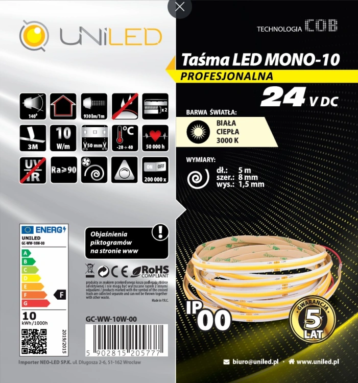 Taśma LED COB UNILED 24V 3000K 10W/m 930lm