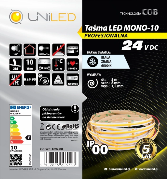Taśma LED COB UNILED 24V 6500K 10W/m 1050lm/m