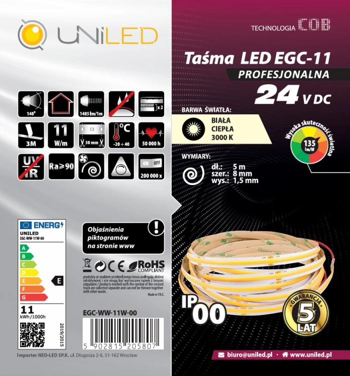 Taśma LED COB UNILED 24V 3000K 11W/m1485lm/m