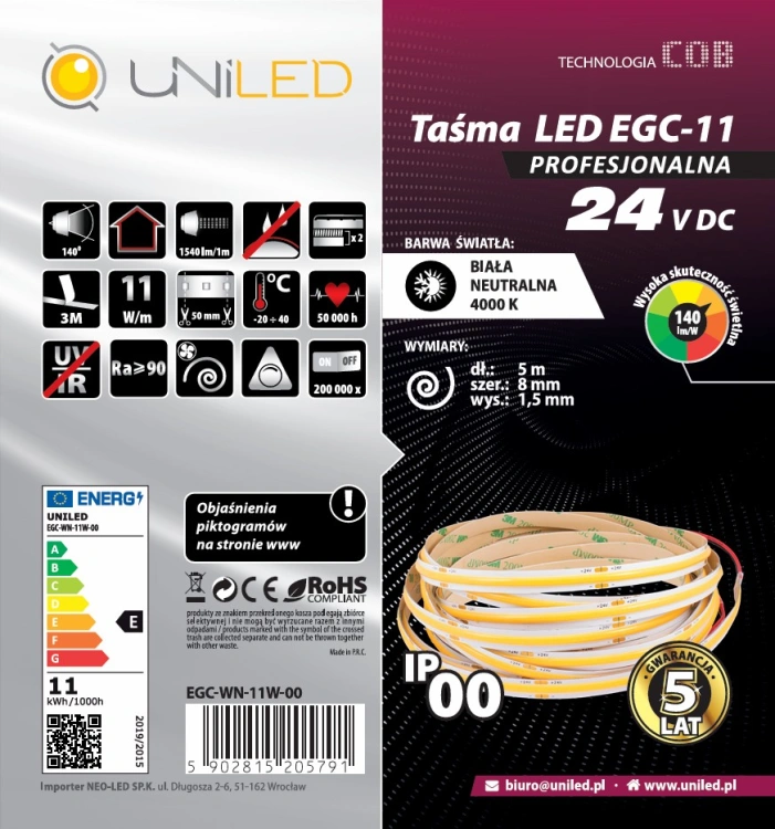Taśma LED COB UNILED 24V 4000K 11W/m1540lm/m