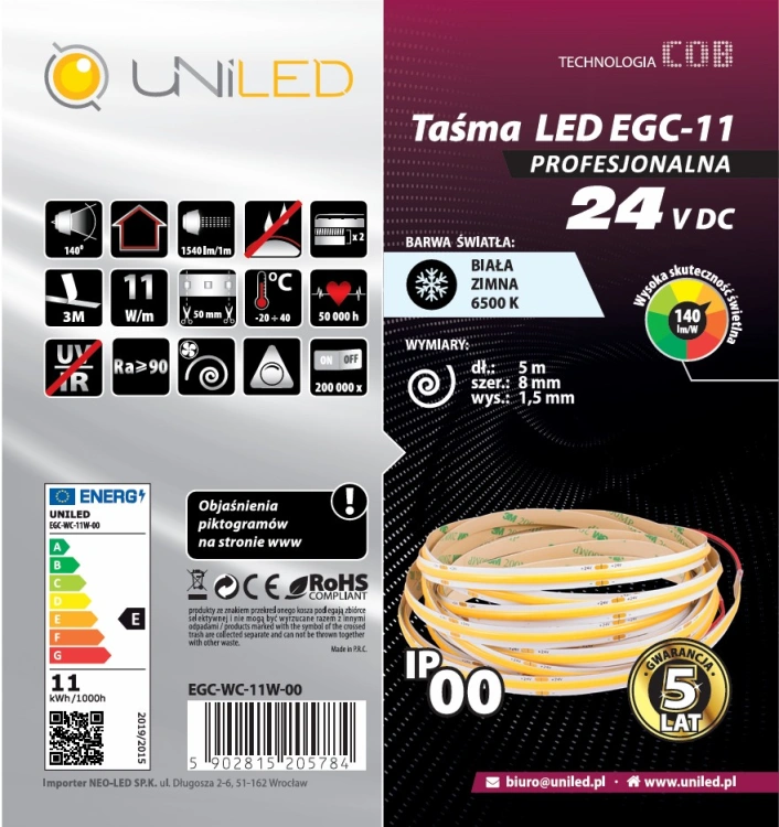 Taśma LED COB UNILED 24V 6500K 11W/m1540lm/m