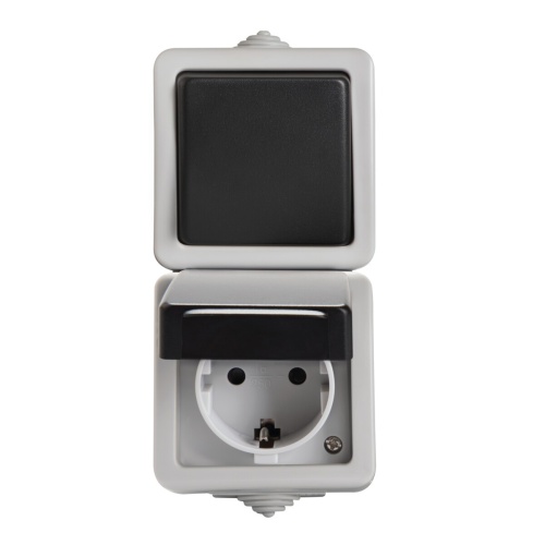 Łącznik jednobiegunowy i gniazdo zasilające Schuko z ochroną styków TEKNO 05-3129-143 sz