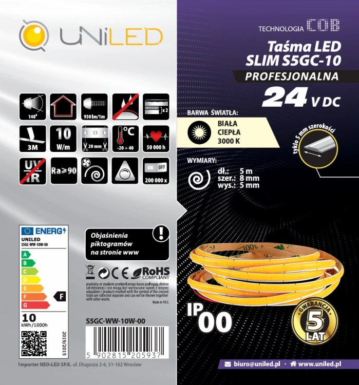 Taśma LED COB SLIM 5mm 10W 3000K 24V 930lm