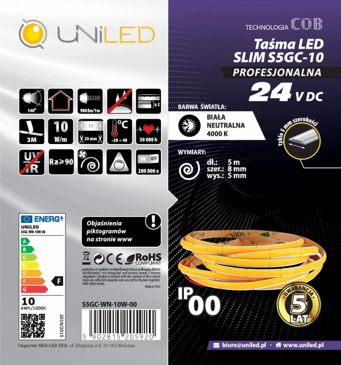 Taśma LED COB SLIM 5mm 10W 4000K 24V 980lm