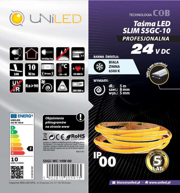 Taśma LED COB SLIM 5mm 10W 6500K 24V 1010lm