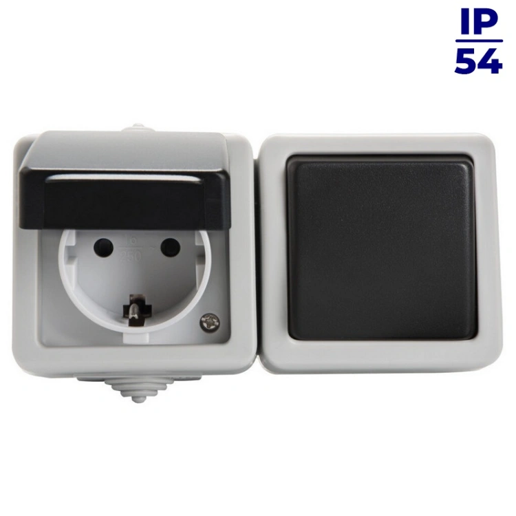 Łącznik jednobiegunowy i gniazdo zasilające Schuko z ochroną styków TEKNO 05-3128-143 sz