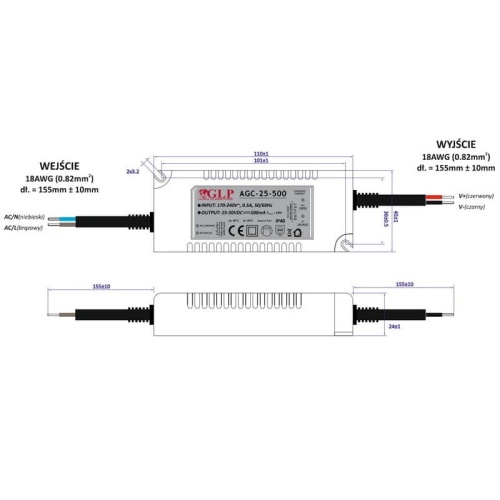 Rysunek wymiarowy zasilacza AGC-25-500