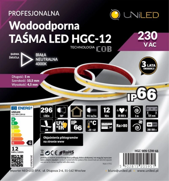 Taśma LED COB 4000K rolka 5m