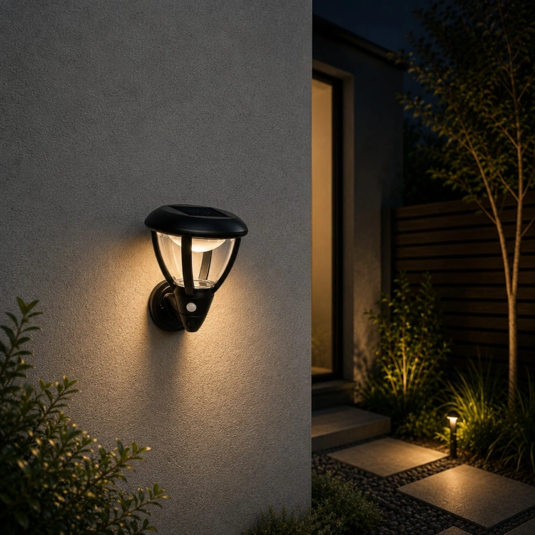 Lampa solarna elewacyjna z czujnikiem ruchu PIR i zmierzchu SOE-3 aranżacja