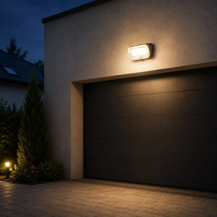 Solarna lampa elewacyjna LED z czujnikiem ruchu i zmierzchu SOE-5 IP54 aranżacja