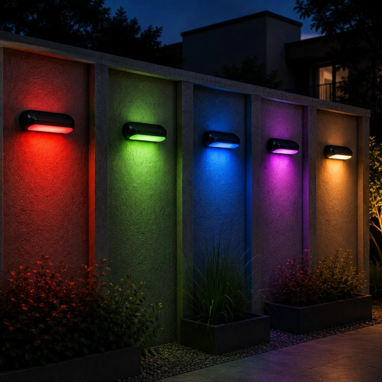 Lampa solarna elewacyjna LED SOE-1 RGB+WW multikolor + biały ciepły IP65 aranżacja