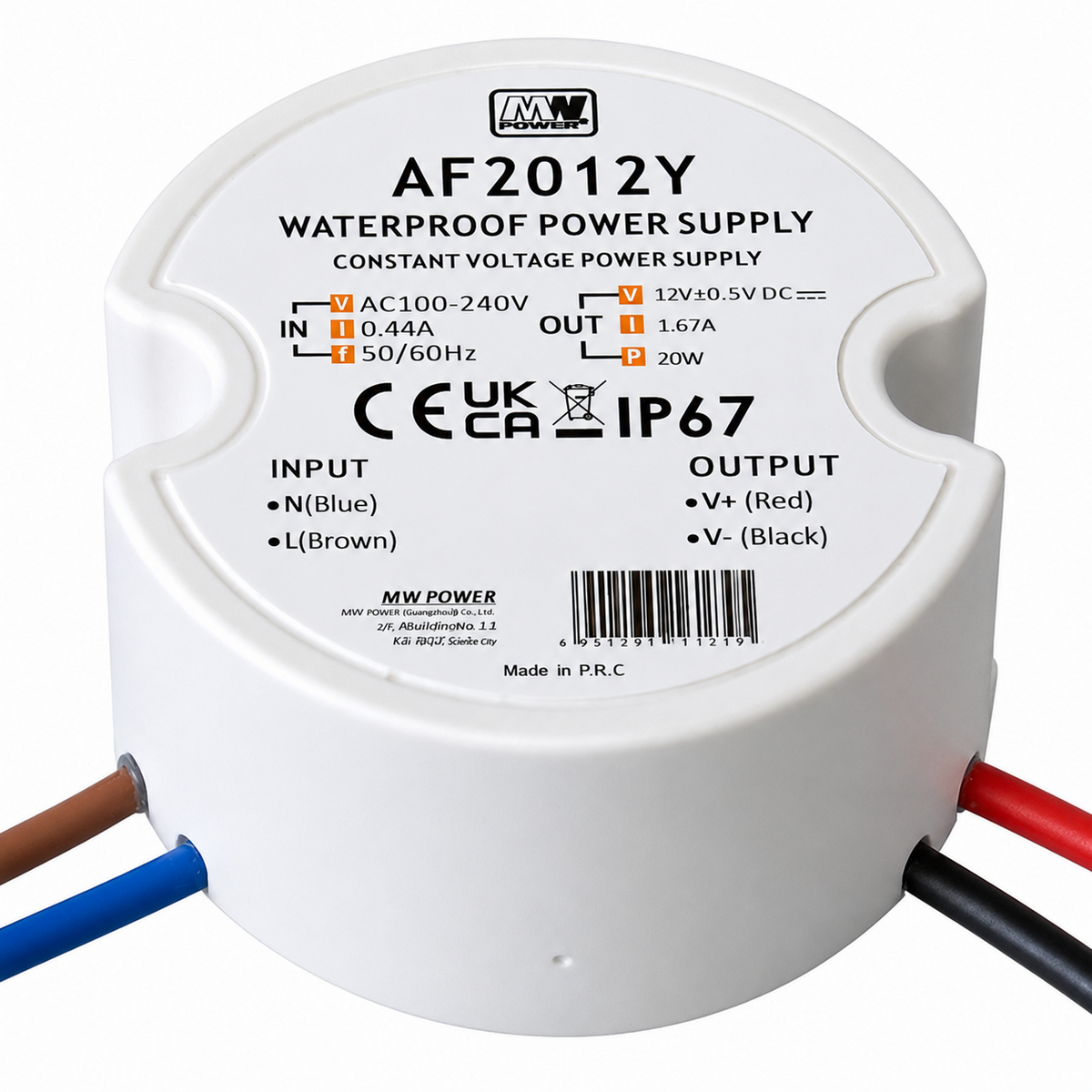 AF2024Y, MW Power 20W 24V/0.83A round power supply, IP67