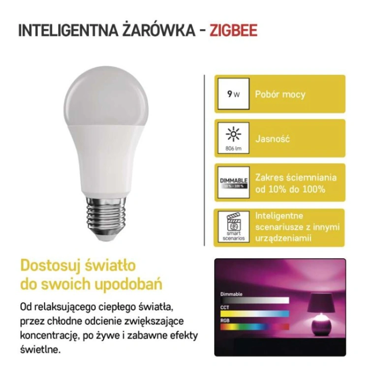 GoSmart Żarówka LED A60 / E27 / 9 W (60 W) / 806 lm / RGB / ściemnialna / Zigbee