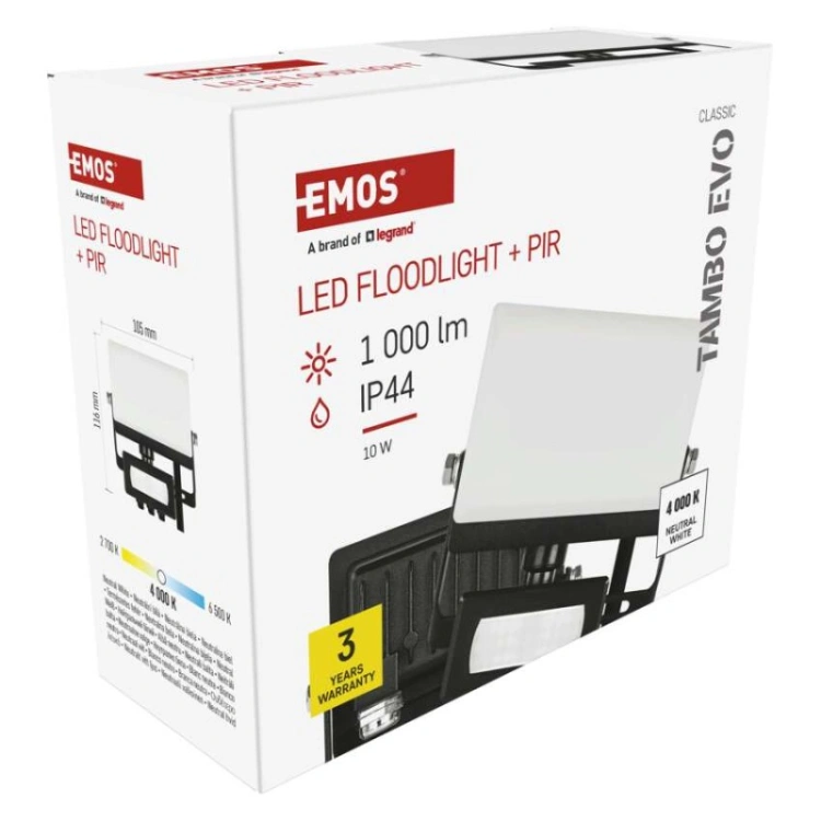 Naświetlacz LED TAMBO EVO z czujnikiem PIR, 10 W, 1000 lm, IP44, czarny - opakowanie