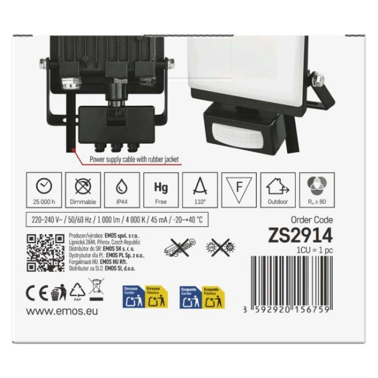 Naświetlacz LED TAMBO EVO z czujnikiem PIR, 10 W, 1000 lm, IP44, czarny - opakowanie
