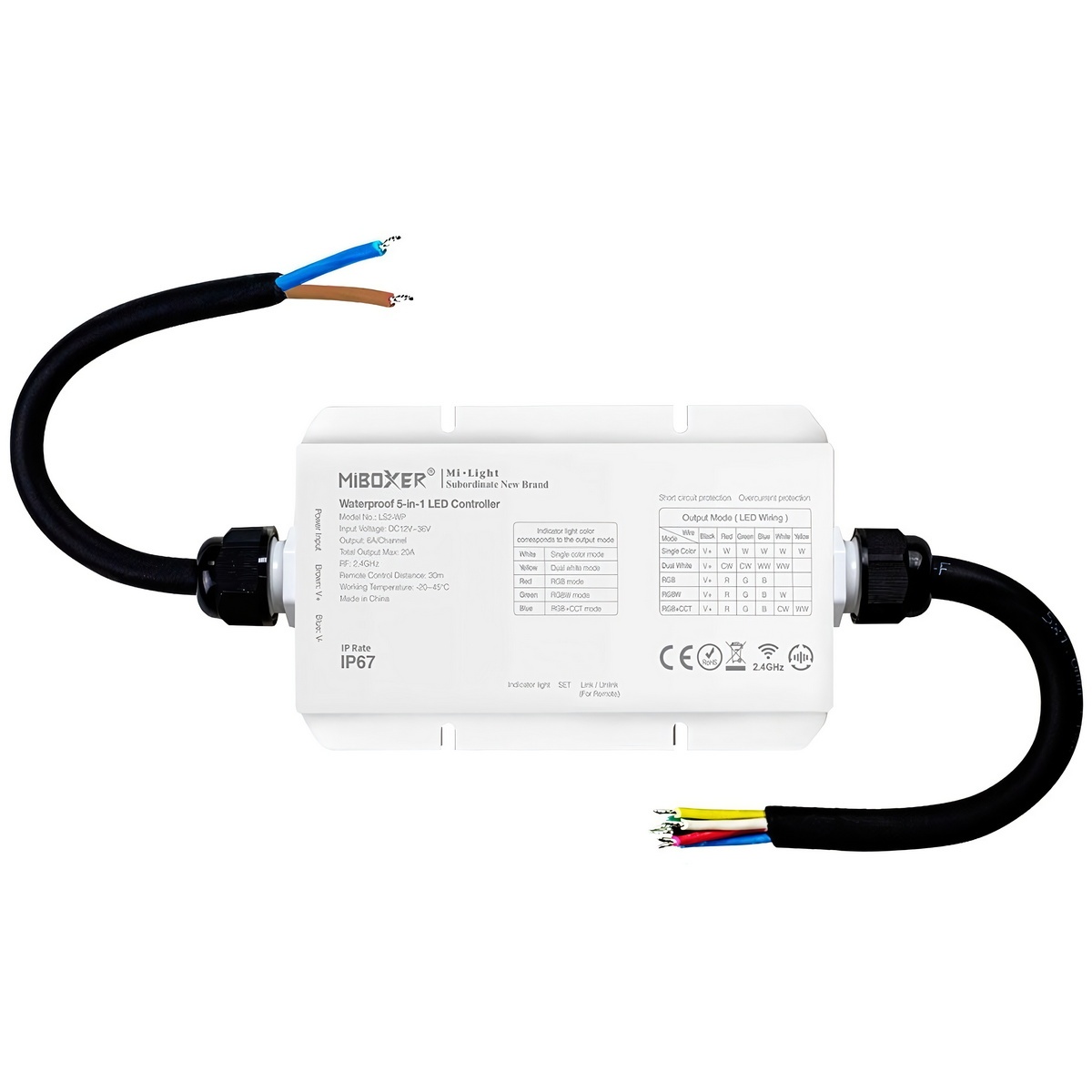 Kontroler LED LS2-WP / poj. kolor-podw. biały / RGB / RGBW / RGB + CCT / 12-36VDC / 5x6A / MiBoxer