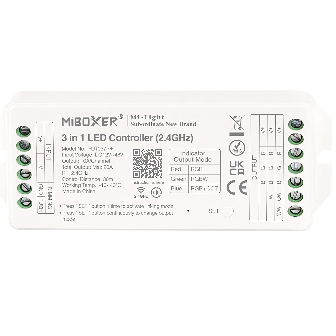 Kontroler LED FUT037P+ / RGB / RGBW / RGB + CCT / 12-48VDC / 5x10A / IP20 / MiBoxer