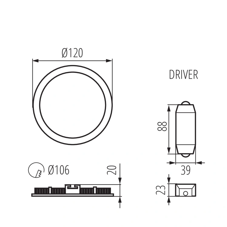 Wymiary oprawy ROUNDA V2 6W Ø120 × 20 mm