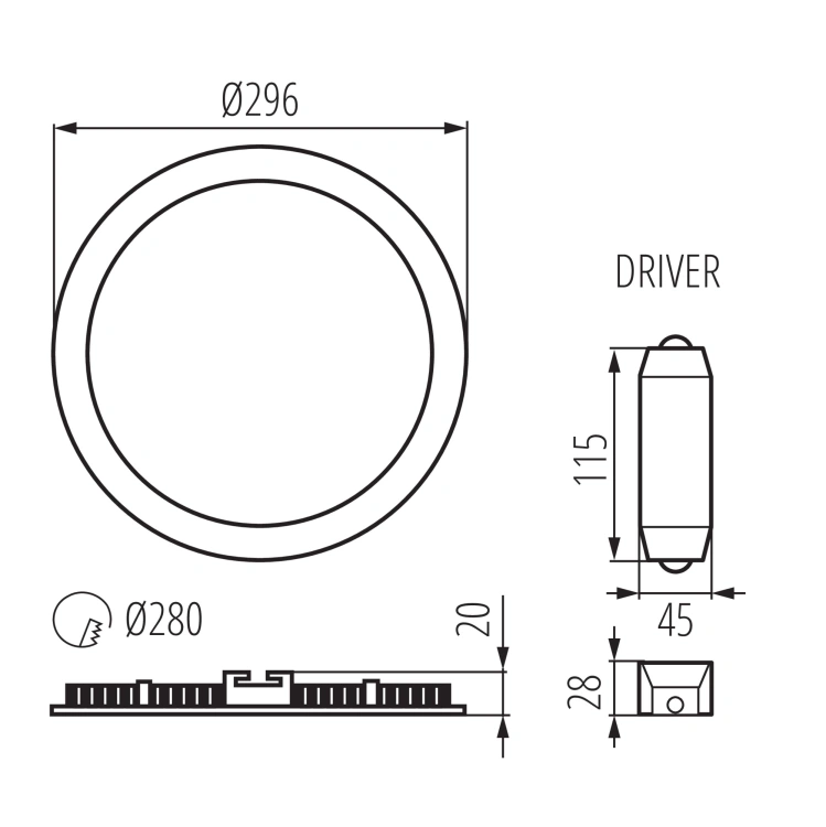 Wymiary oprawy ROUNDA V2 24W Ø296 × 20 mm