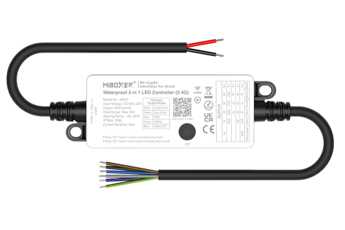 Kontroler LED MiBoxer SR5-P / mono / podw. biały CCT / RGB / RGBW / RGB + CCT / 12-24VDC / 5x6A / IP66